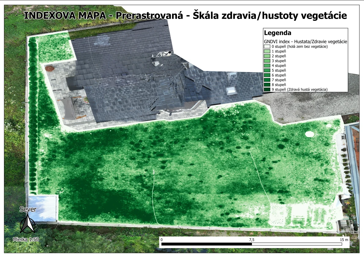 Indexová mapa zdravia vegetácie záhrady so škálou 0 až 9