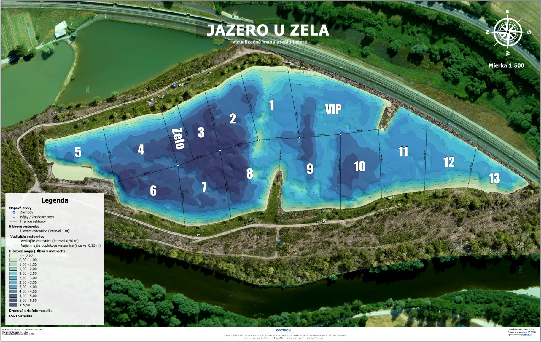 Hĺbková mapa jazera u Zela